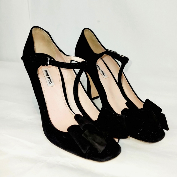 Miu Miu T strap peep toe suede heels - Picture 1 of 7